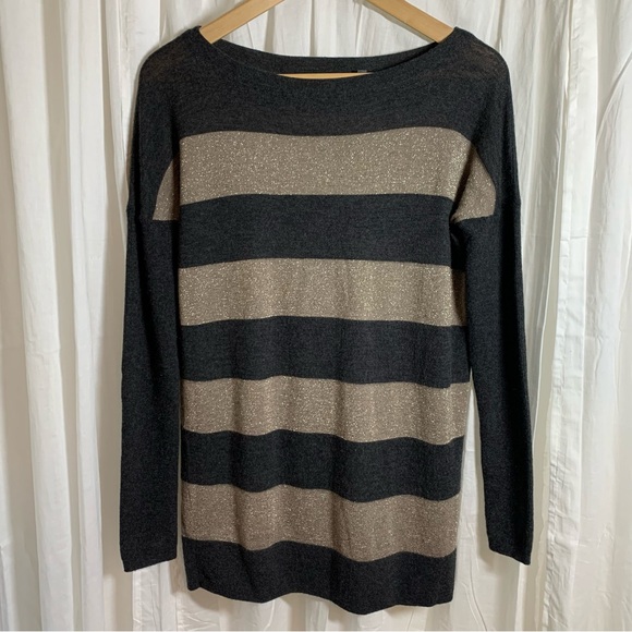 Vince Rugby‎ Striped Cashmere Blend Sweater Charcoal & Glitter Gold Size M - Picture 1 of 11